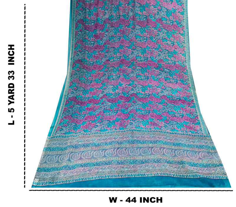 Sanskriti Vintage Saree Blue-Purple 100% Pure Georgette Floral Print Sari 5.5Yd