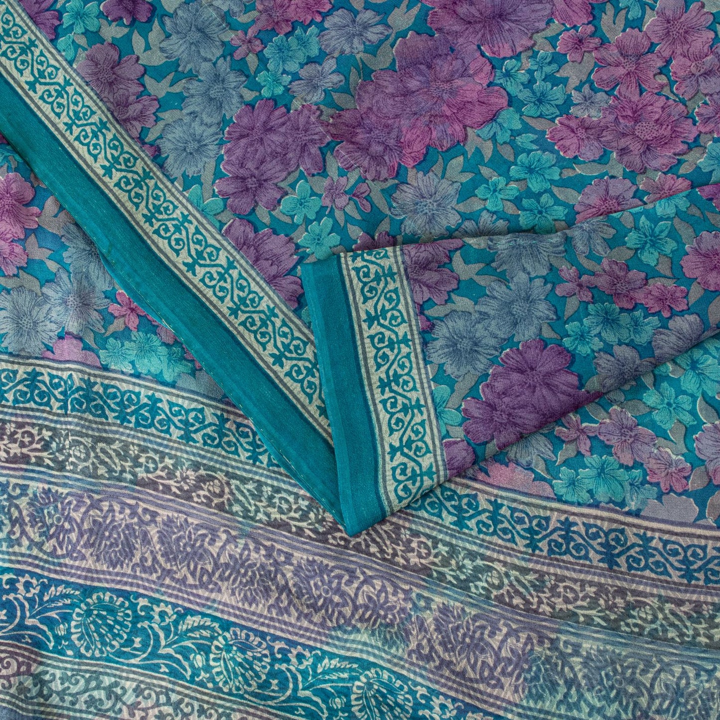 Sanskriti Vintage Saree Blue-Purple 100% Pure Georgette Floral Print Sari 5.5Yd