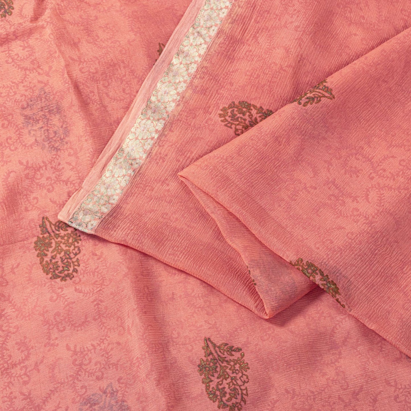 Sanskriti Vintage Saree Peach Pure Chiffon Khari Handblock Print Zari Sari 5.5Yd