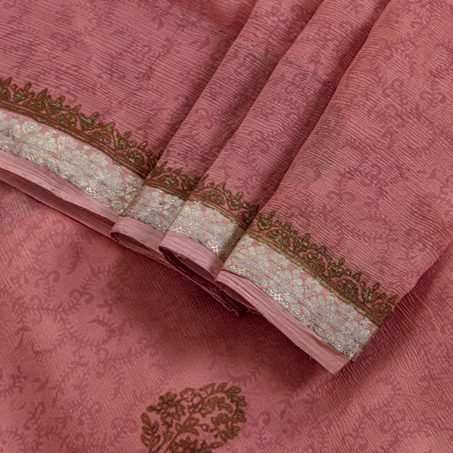 Sanskriti Vintage Saree Peach Pure Chiffon Khari Handblock Print Zari Sari 5.5Yd