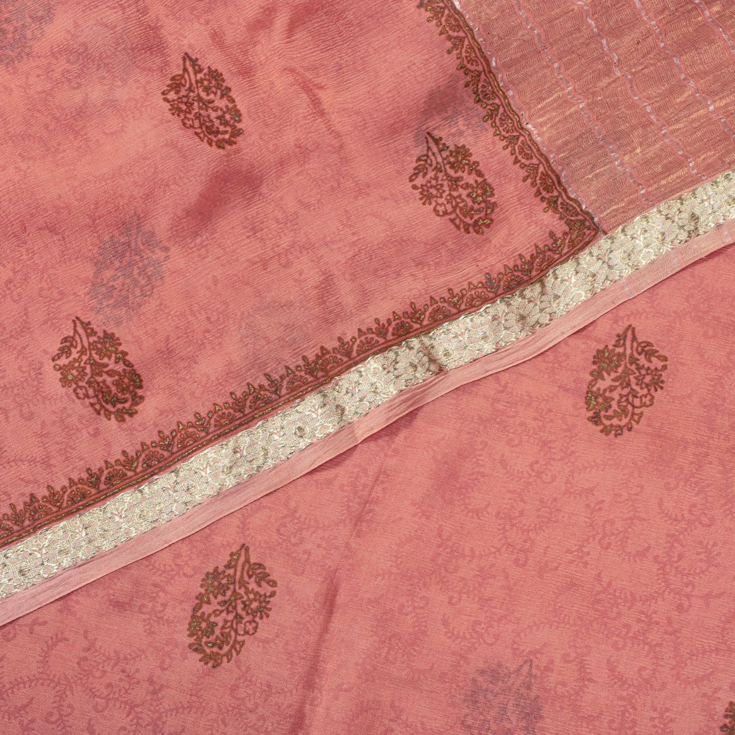 Sanskriti Vintage Saree Peach Pure Chiffon Khari Handblock Print Zari Sari 5.5Yd