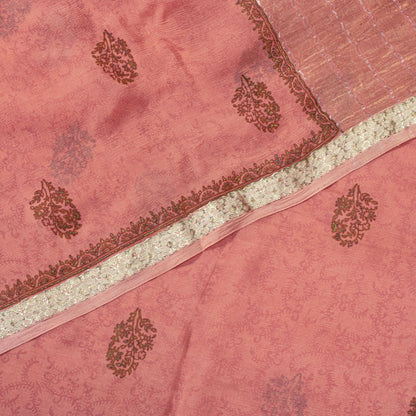 Sanskriti Vintage Saree Peach Pure Chiffon Khari Handblock Print Zari Sari 5.5Yd
