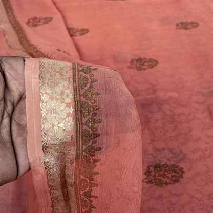 Sanskriti Vintage Saree Peach Pure Chiffon Khari Handblock Print Zari Sari 5.5Yd
