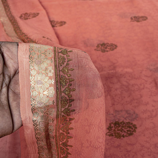 Sanskriti Vintage Saree Peach Pure Chiffon Khari Handblock Print Zari Sari 5.5Yd