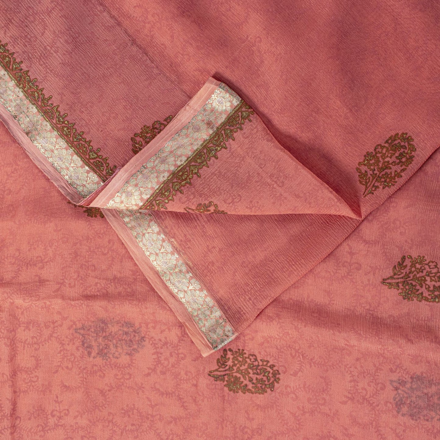 Sanskriti Vintage Saree Peach Pure Chiffon Khari Handblock Print Zari Sari 5.5Yd