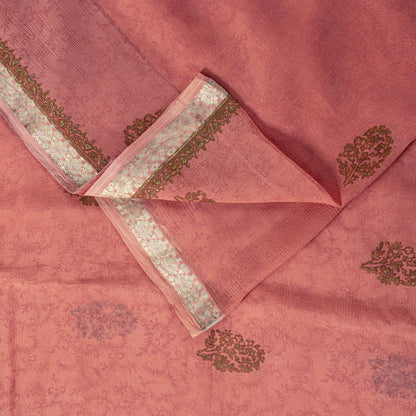 Sanskriti Vintage Saree Peach Pure Chiffon Khari Handblock Print Zari Sari 5.5Yd