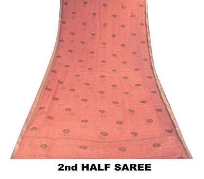 Sanskriti Vintage Saree Peach Pure Chiffon Khari Handblock Print Zari Sari 5.5Yd