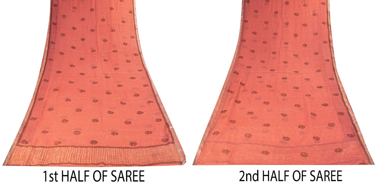 Sanskriti Vintage Saree Peach Pure Chiffon Khari Handblock Print Zari Sari 5.5Yd