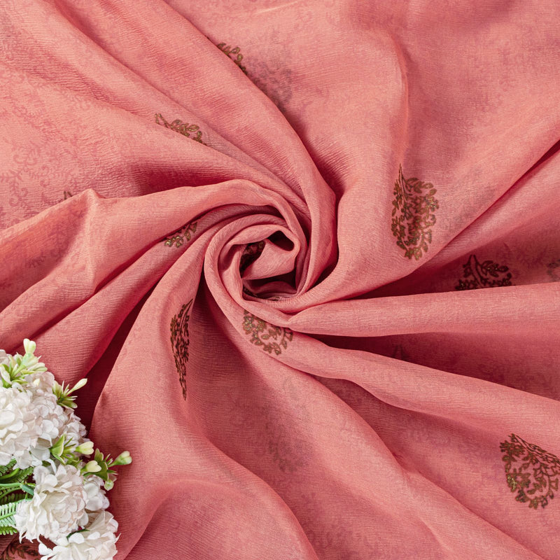 Sanskriti Vintage Saree Peach Pure Chiffon Khari Handblock Print Zari Sari 5.5Yd