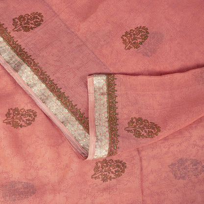Sanskriti Vintage Saree Peach Pure Chiffon Khari Handblock Print Zari Sari 5.5Yd