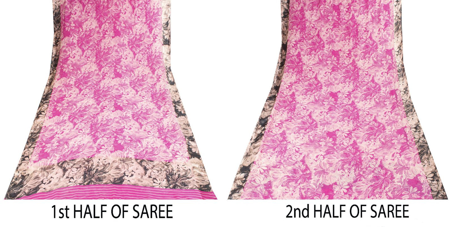 Sanskriti Vintage Pink Saree Pure Georgette Sari Floral Printed Fabric 6+ yard