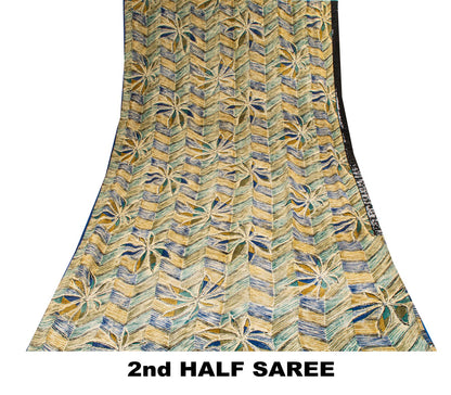 Sanskriti Vintage Saree Beige Pure Georgette Silk Floral Lines Print Sari 6+Yard