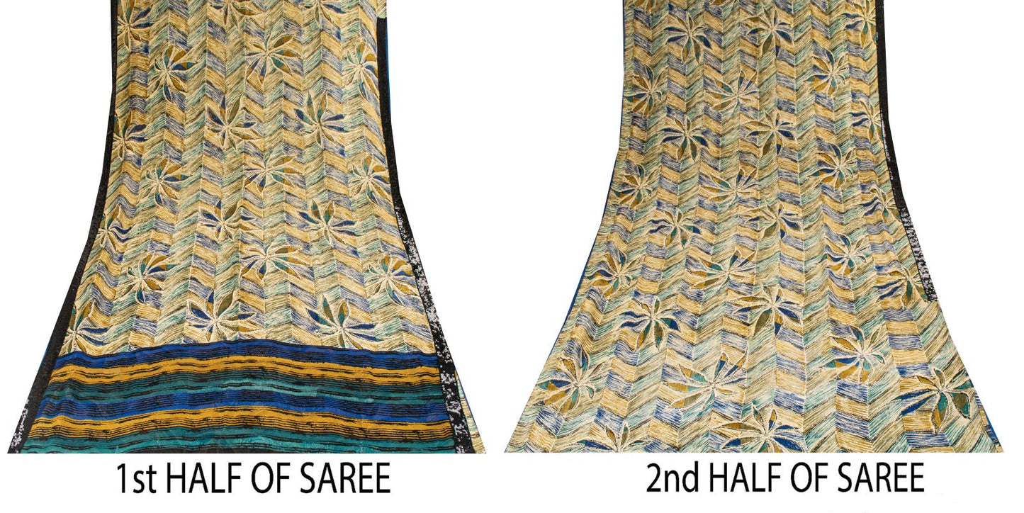 Sanskriti Vintage Saree Beige Pure Georgette Silk Floral Lines Print Sari 6+Yard