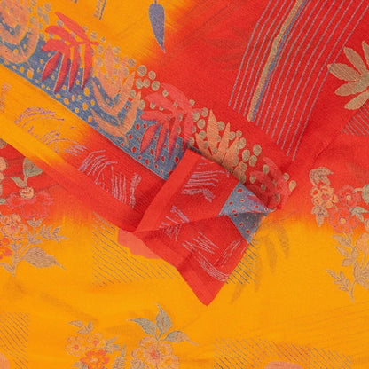 Sanskriti Vintage Saree Red-Yellow Pure Chiffon Floral Print Sari 5.5Yard Fabric