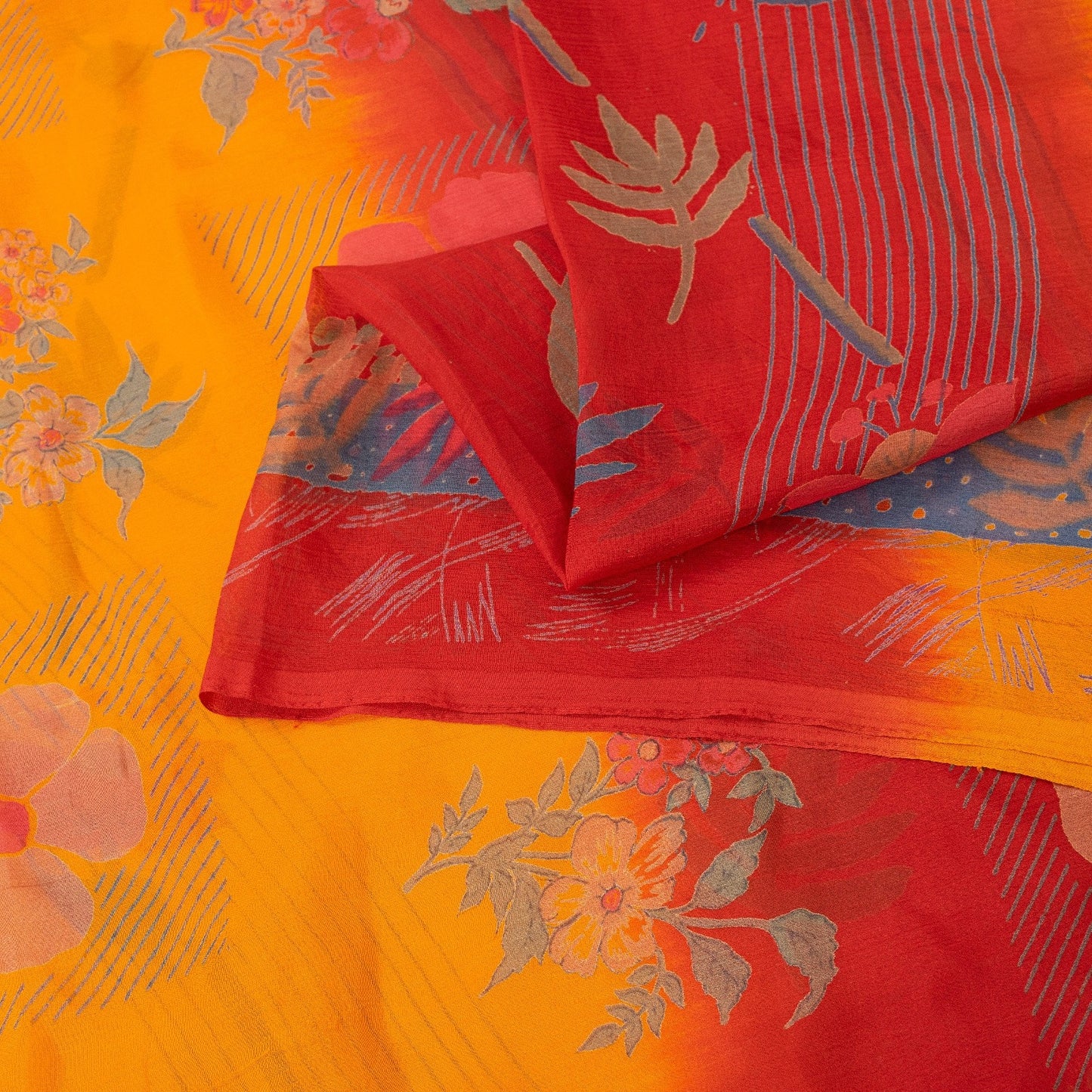 Sanskriti Vintage Saree Red-Yellow Pure Chiffon Floral Print Sari 5.5Yard Fabric