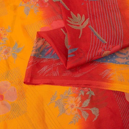 Sanskriti Vintage Saree Red-Yellow Pure Chiffon Floral Print Sari 5.5Yard Fabric