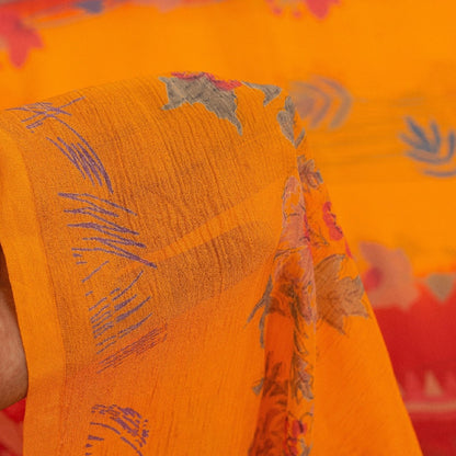 Sanskriti Vintage Saree Red-Yellow Pure Chiffon Floral Print Sari 5.5Yard Fabric