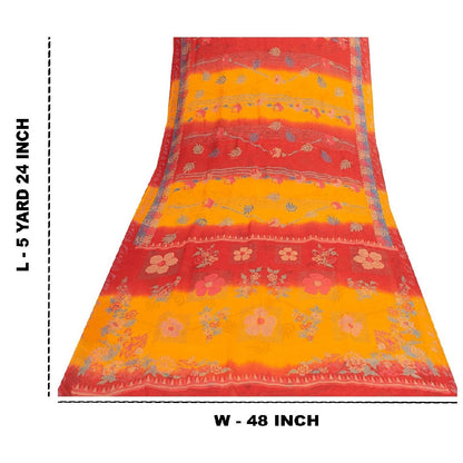 Sanskriti Vintage Saree Red-Yellow Pure Chiffon Floral Print Sari 5.5Yard Fabric