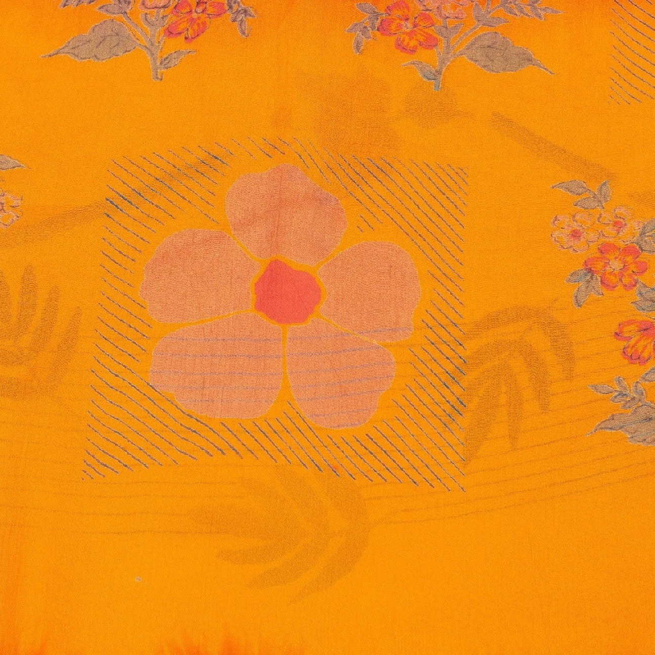Sanskriti Vintage Saree Red-Yellow Pure Chiffon Floral Print Sari 5.5Yard Fabric