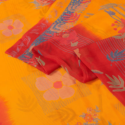 Sanskriti Vintage Saree Red-Yellow Pure Chiffon Floral Print Sari 5.5Yard Fabric