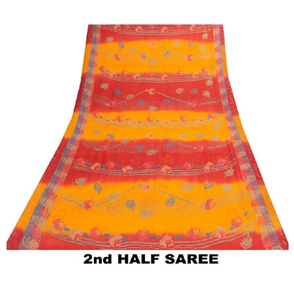 Sanskriti Vintage Saree Red-Yellow Pure Chiffon Floral Print Sari 5.5Yard Fabric