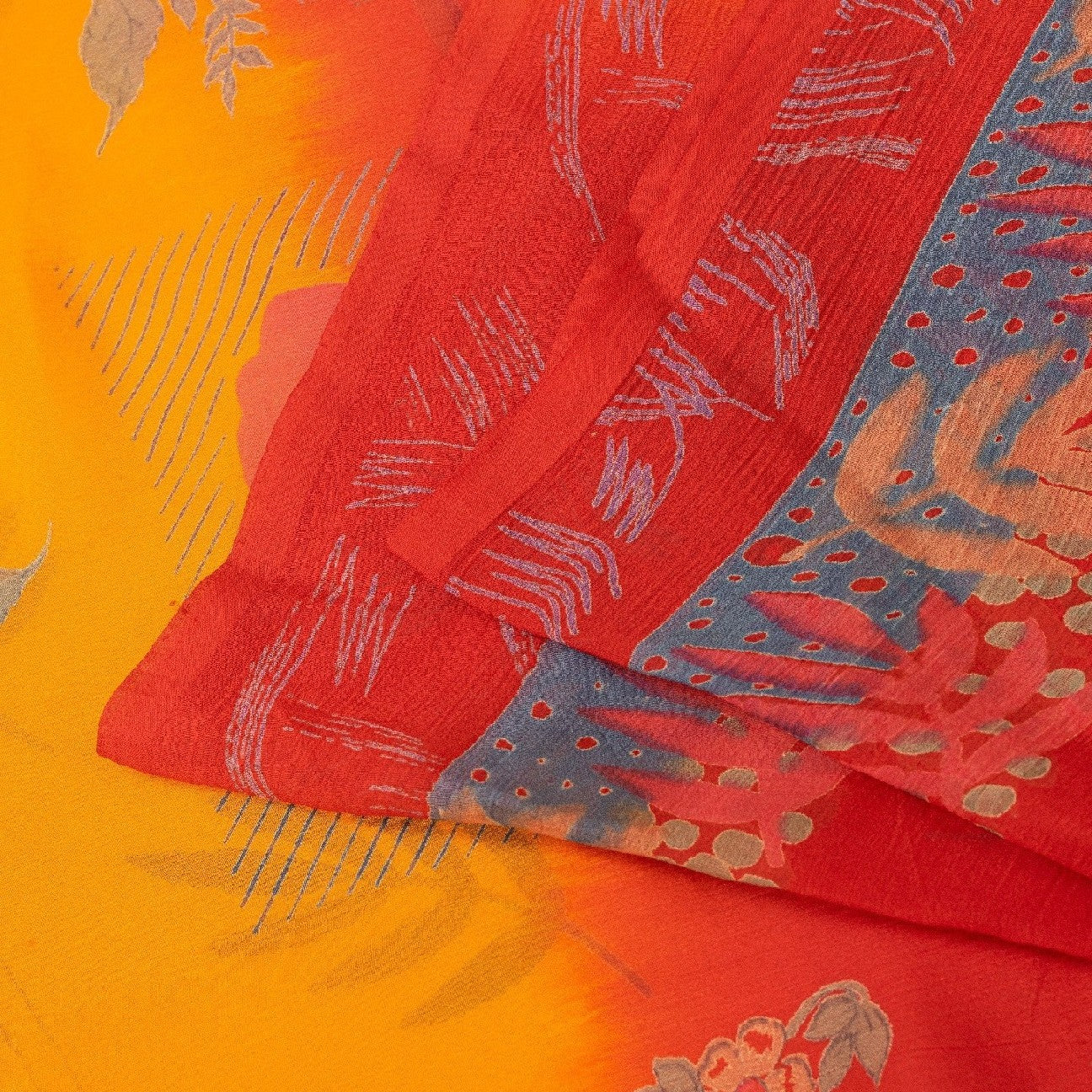 Sanskriti Vintage Saree Red-Yellow Pure Chiffon Floral Print Sari 5.5Yard Fabric