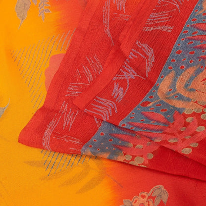 Sanskriti Vintage Saree Red-Yellow Pure Chiffon Floral Print Sari 5.5Yard Fabric