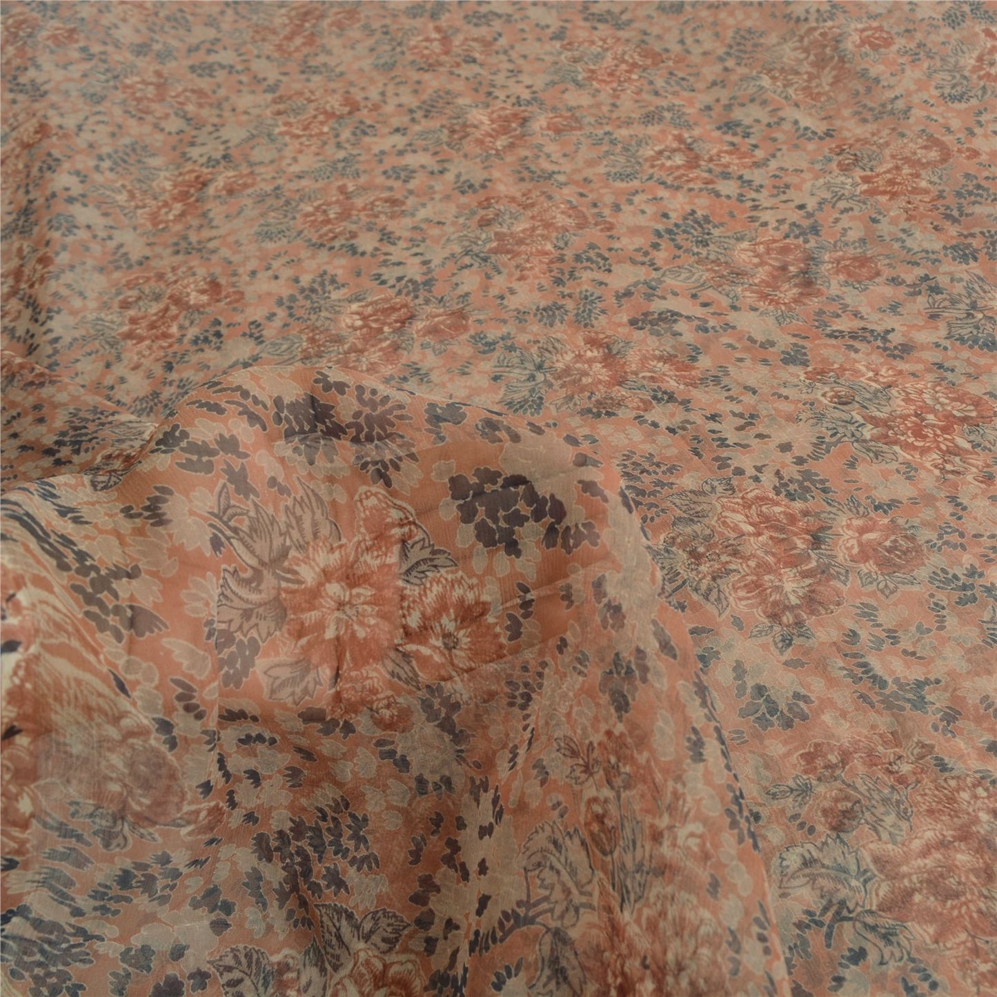 Sanskriti Vintage Pink Soft Pure Chiffon Saree Floral Printed 5Yd Craft Fabric