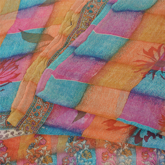 Sanskriti Vintage Multicolor Saree Pure Georgette Floral Print Sari 5.5Yd Fabric