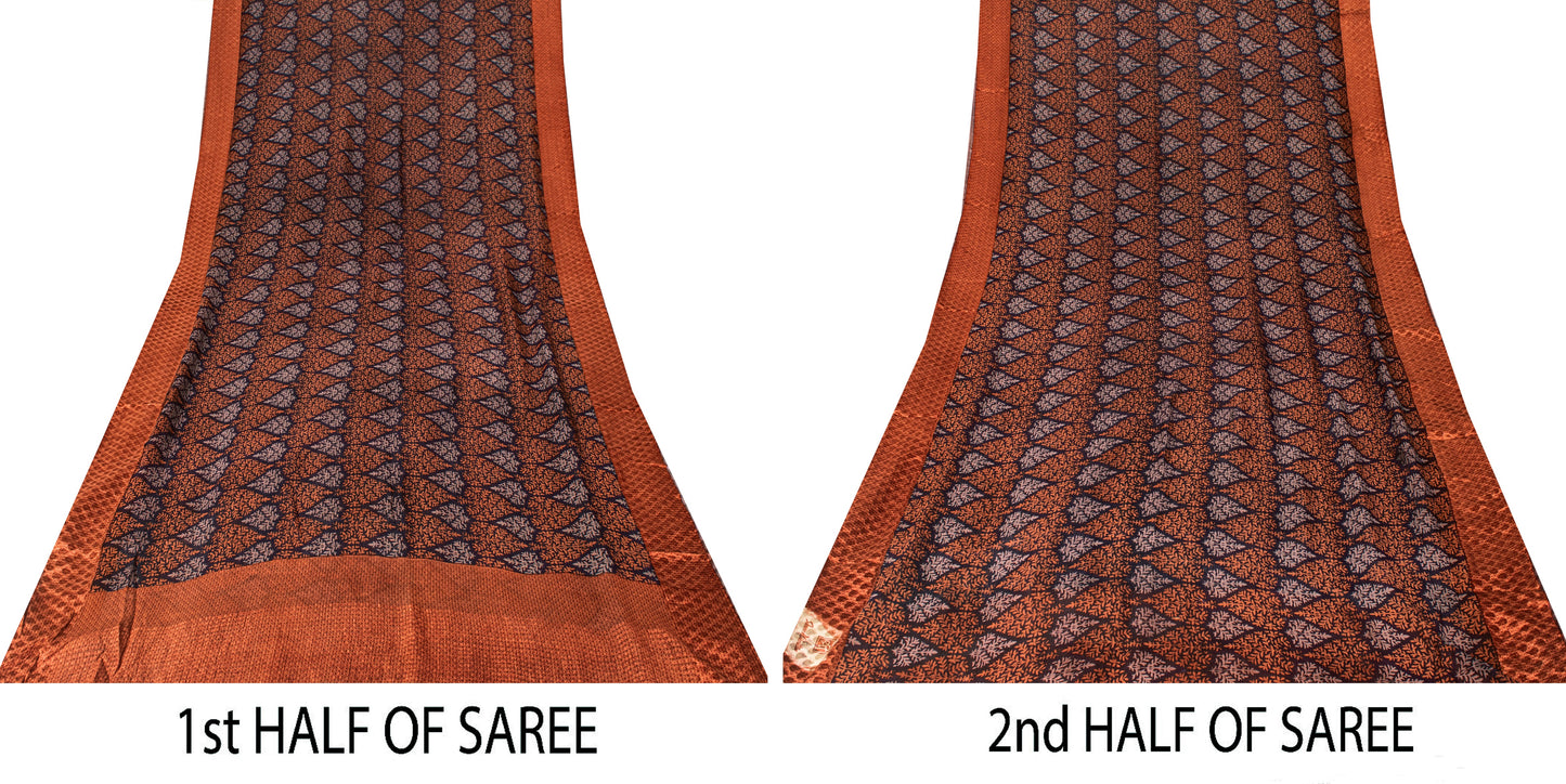 Sanskriti Vintage Saree Black-Brown Pure Chiffon Leaf Print-Woven Sari 5YDFabric