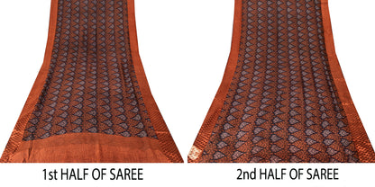 Sanskriti Vintage Saree Black-Brown Pure Chiffon Leaf Print-Woven Sari 5YDFabric