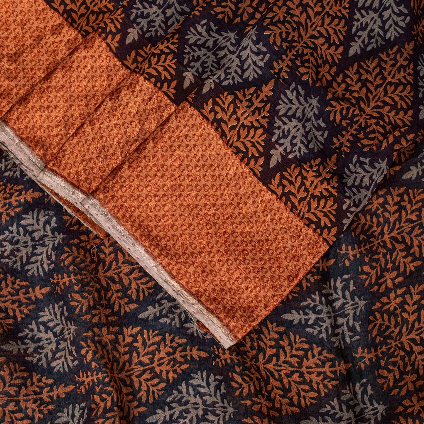 Sanskriti Vintage Saree Black-Brown Pure Chiffon Leaf Print-Woven Sari 5YDFabric