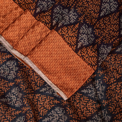 Sanskriti Vintage Saree Black-Brown Pure Chiffon Leaf Print-Woven Sari 5YDFabric