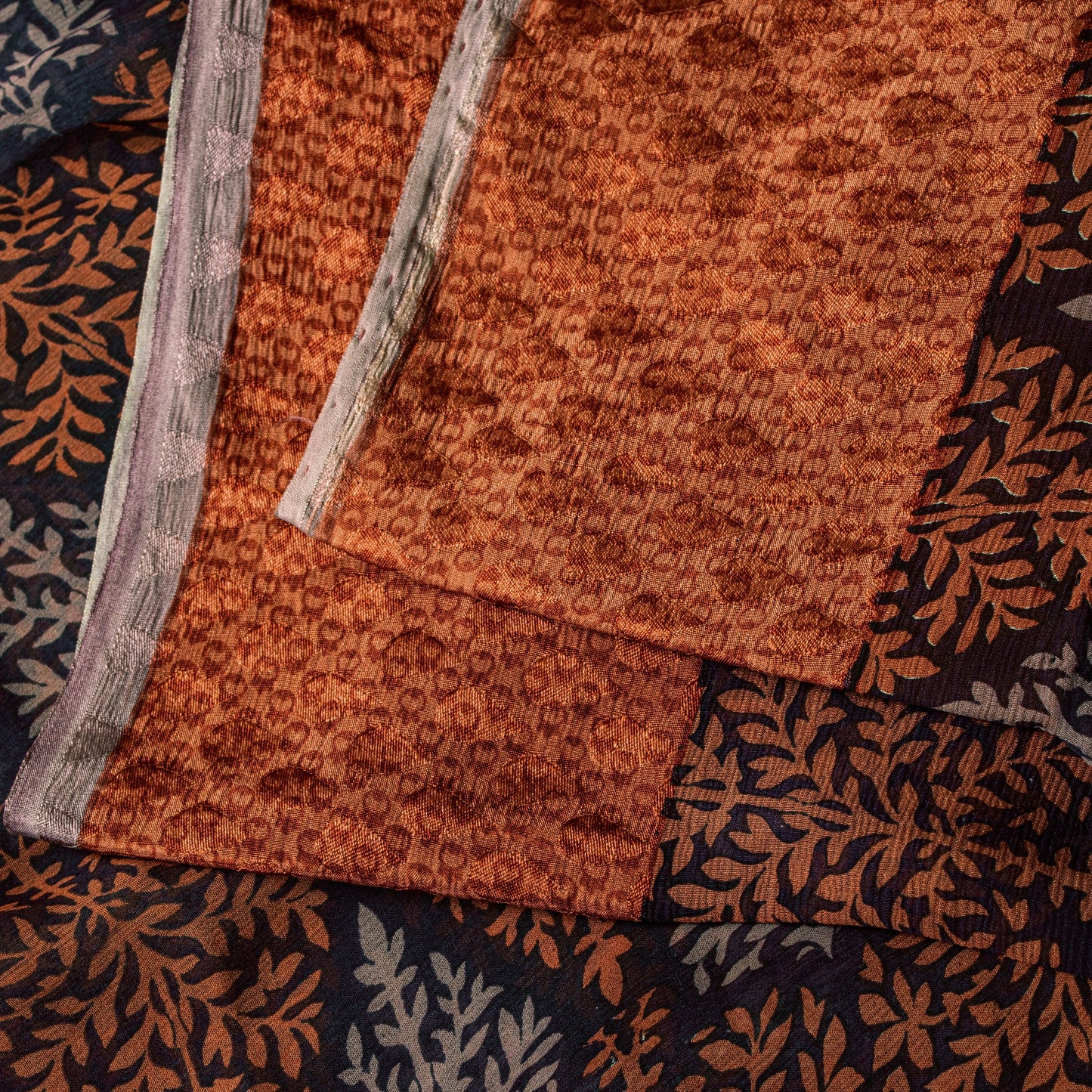 Sanskriti Vintage Saree Black-Brown Pure Chiffon Leaf Print-Woven Sari 5YDFabric