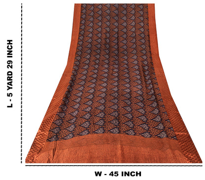 Sanskriti Vintage Saree Black-Brown Pure Chiffon Leaf Print-Woven Sari 5YDFabric