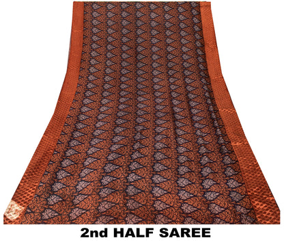 Sanskriti Vintage Saree Black-Brown Pure Chiffon Leaf Print-Woven Sari 5YDFabric