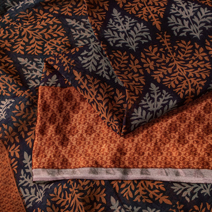 Sanskriti Vintage Saree Black-Brown Pure Chiffon Leaf Print-Woven Sari 5YDFabric