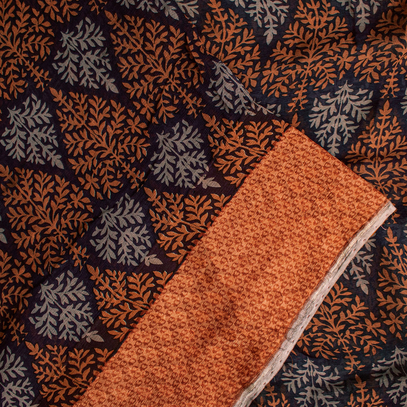 Sanskriti Vintage Saree Black-Brown Pure Chiffon Leaf Print-Woven Sari 5YDFabric
