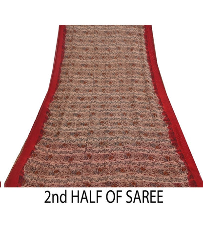 Sanskriti Vintage Cream-Red Saree Pure Chiffon Printed-Zari-Mukaish Sari Fabric