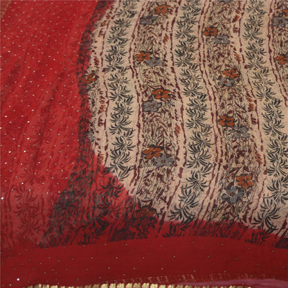 Sanskriti Vintage Cream-Red Saree Pure Chiffon Printed-Zari-Mukaish Sari Fabric