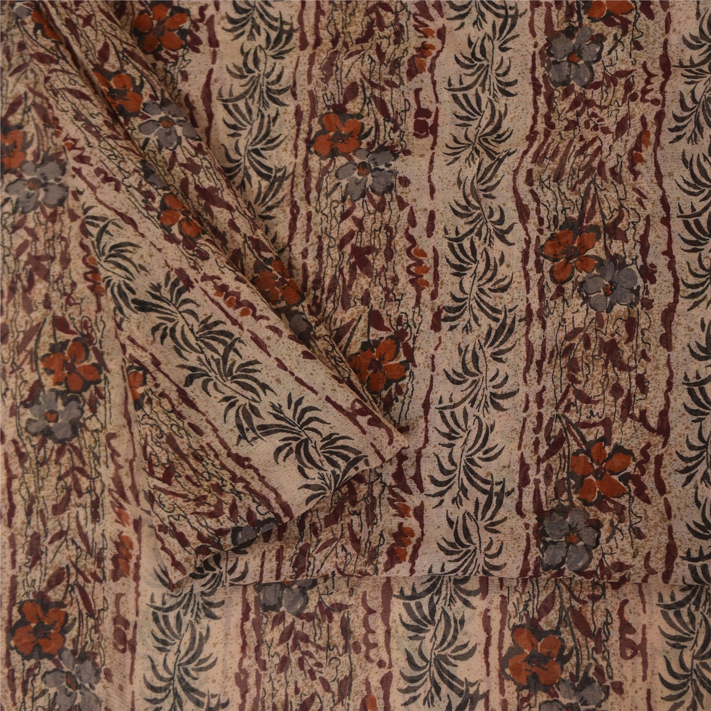Sanskriti Vintage Cream-Red Saree Pure Chiffon Printed-Zari-Mukaish Sari Fabric
