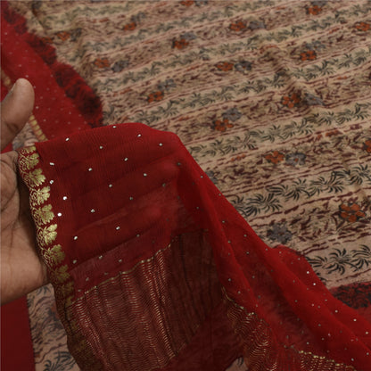 Sanskriti Vintage Cream-Red Saree Pure Chiffon Printed-Zari-Mukaish Sari Fabric