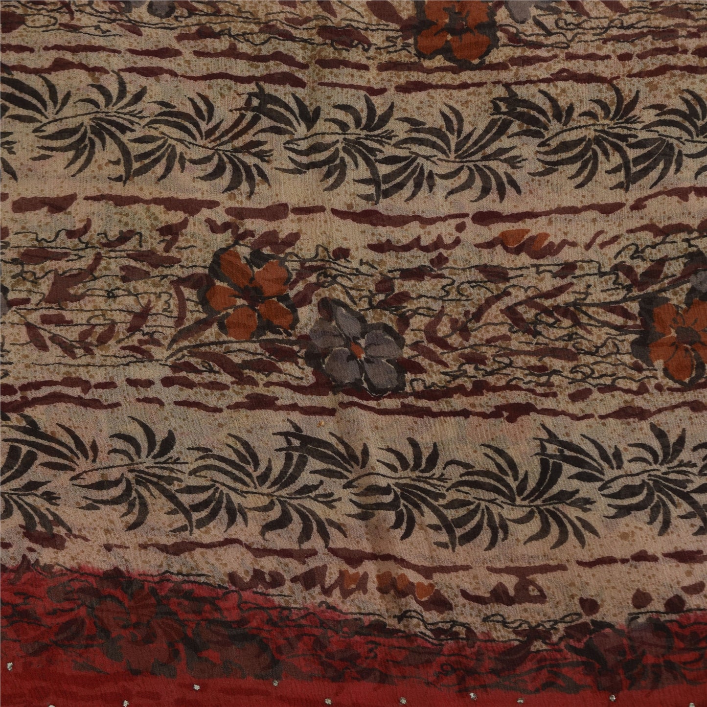 Sanskriti Vintage Cream-Red Saree Pure Chiffon Printed-Zari-Mukaish Sari Fabric