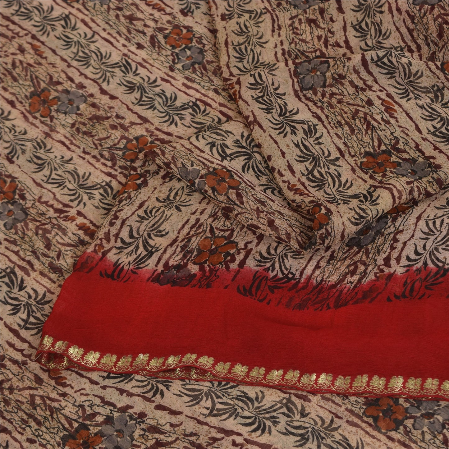 Sanskriti Vintage Cream-Red Saree Pure Chiffon Printed-Zari-Mukaish Sari Fabric