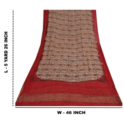 Sanskriti Vintage Cream-Red Saree Pure Chiffon Printed-Zari-Mukaish Sari Fabric
