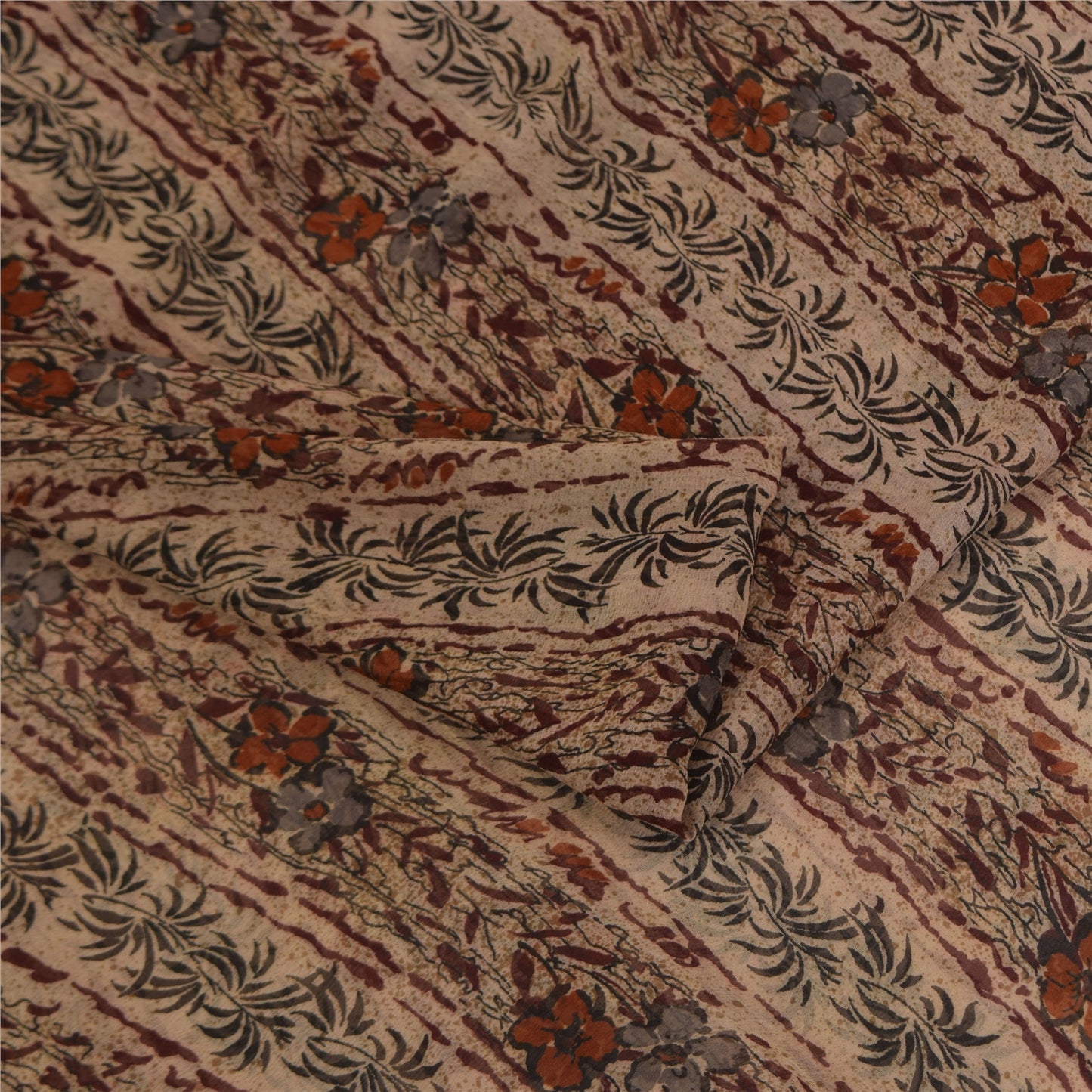 Sanskriti Vintage Cream-Red Saree Pure Chiffon Printed-Zari-Mukaish Sari Fabric