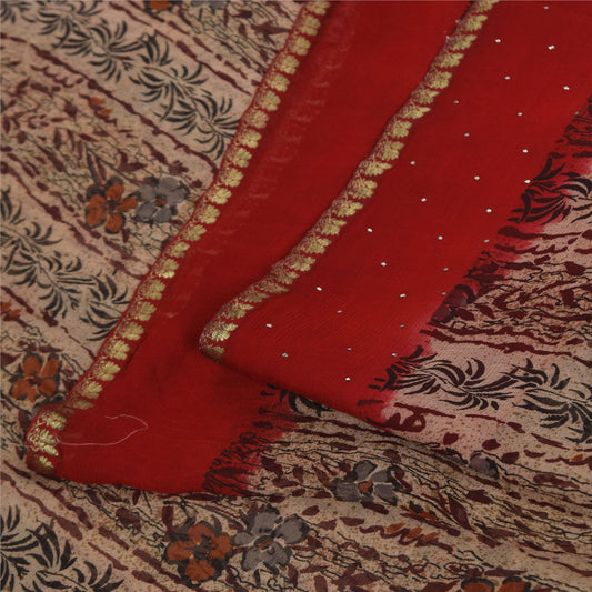 Sanskriti Vintage Cream-Red Saree Pure Chiffon Printed-Zari-Mukaish Sari Fabric