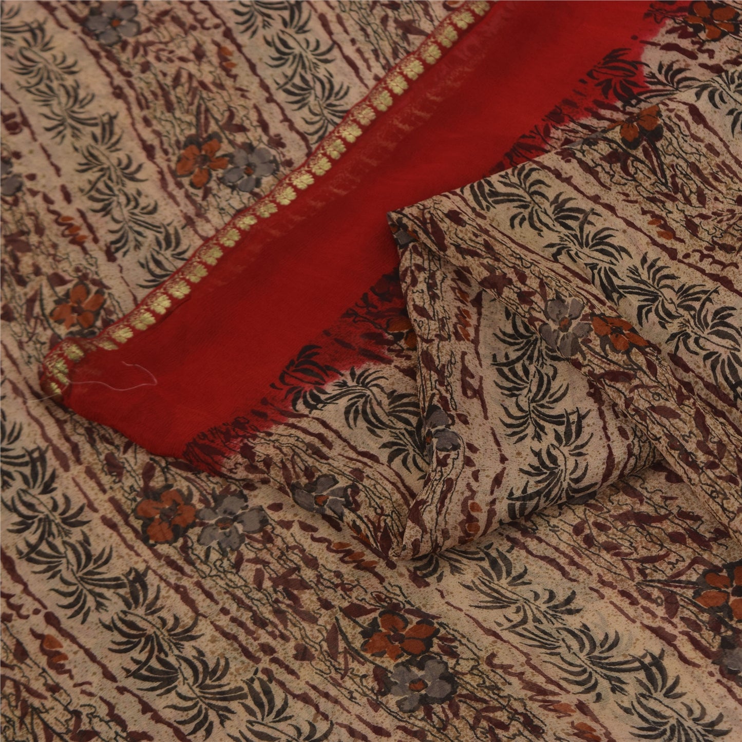 Sanskriti Vintage Cream-Red Saree Pure Chiffon Printed-Zari-Mukaish Sari Fabric