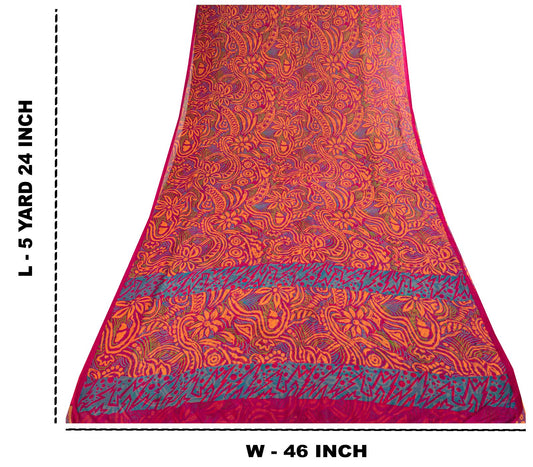 Sanskriti Vintage Saree Pink Pure Chiffon Floral Printed Sari 5.5+Yard Fabric