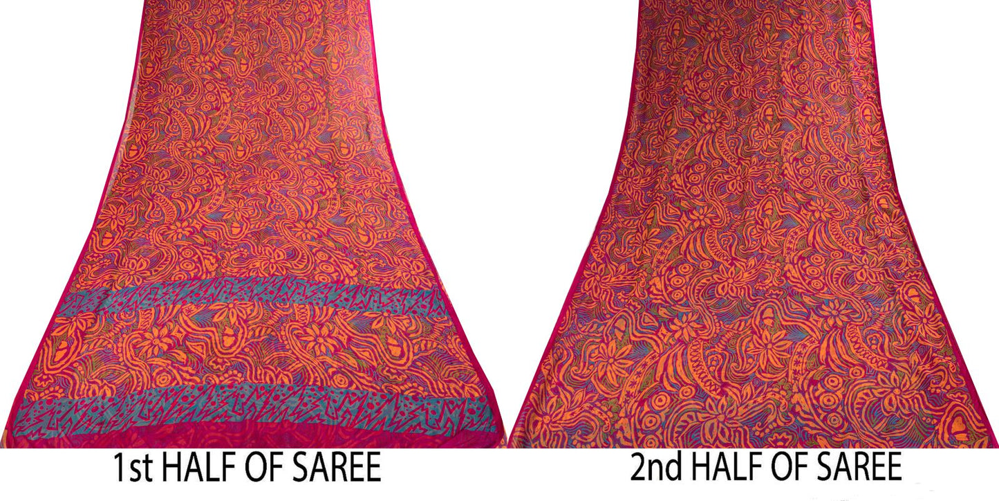 Sanskriti Vintage Saree Pink Pure Chiffon Floral Printed Sari 5.5+Yard Fabric